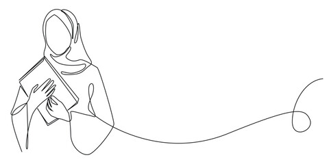 continuous line of young Muslim woman carrying the Koran.one line drawing of woman embracing the holy book of the Islamic religion.single line vector illustration.isolated white background