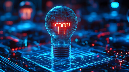 Poster - A futuristic light bulb design with neon elements on a digital circuit background.