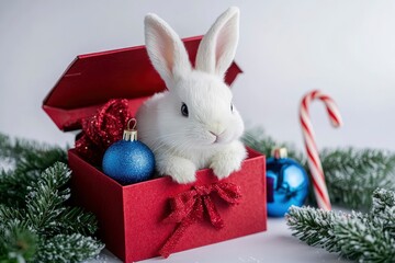 Wall Mural - Stuffed toy white rabbit inside a red gift box with a bow, a blue Christmas ornament, and a candy cane on the right side of it, with generative ai