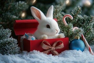 Wall Mural - Stuffed toy white rabbit inside a red gift box with a bow, a blue Christmas ornament, and a candy cane on the right side of it, with generative ai