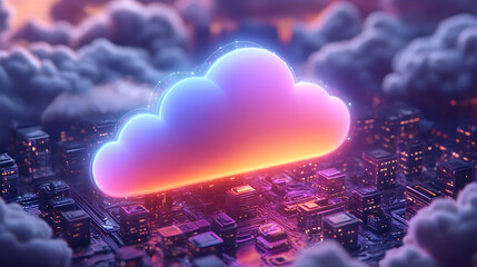 Poster - A glowing cloud symbol above a cityscape, representing digital storage and connectivity.