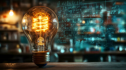 Wall Mural - A glowing light bulb with mathematical equations in the background, symbolizing innovation.