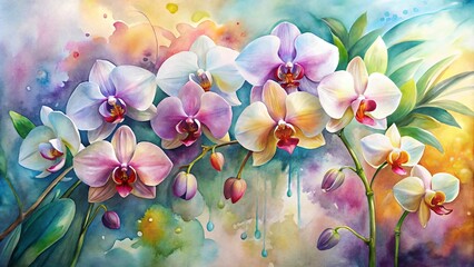 Wall Mural - * Ephemeral orchids dance in a misty veil of color, their intricate details tinged with iridescence and a