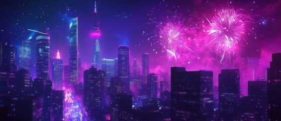 Wall Mural - Cityscape with Fireworks at Night