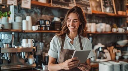 Close-up of a young woman wearing an apron using a digital tablet to happily check and take customer orders at the bar counter in a small coffee shop.