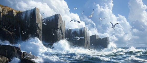 Wall Mural - Seagulls Soaring Over Rocky Cliffs With Crashing Waves