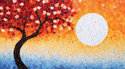 Colorful Mosaic Tree and Sun Artwork