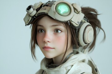 Poster - Cybernetic entropy and coding young girl in a futuristic pilot helmet representing youth exploring technology and human machine interfaces