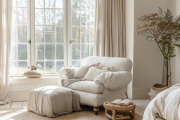 Bright and Airy Bedroom with Large Windows, White Armchair, Grey Footstool, and Neutral Color Palette