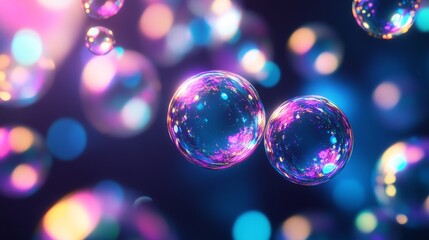 Two iridescent soap bubbles floating against a blurred background of colorful lights