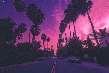 Wall Mural - this image features a view from the driverâ€™s perspective on a beverly hills road lined with tall p