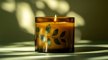 Wall Mural - A lit candle with a leafy design, casting soft shadows on a surface.