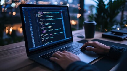 Programmer Typing Code on Laptop Computer at Night
