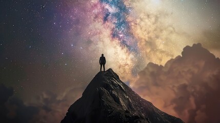 Wall Mural - Man_on_top_of_a_mountain_observing_the_univers