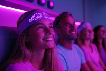 Sticker - Brain support and nurturing family watching a virtual experience symbolizing the blend of technology and emotion in shared entertainment