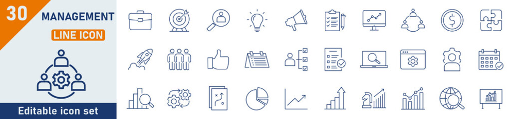management line icon set. set of 30 outline icons related to management, business, success, target, 