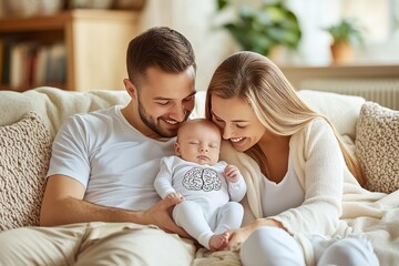 Poster - Creativity neural and support young parents with newborn baby symbolizing the joy love and deep bond shared within a family