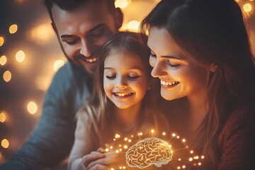 Wall Mural - Connection mind and connection family smiling and holding glowing neural lights representing the power of shared emotions and energy