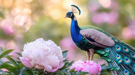 Poster - Majestic Peacock with Pink Peony Flowers in a Garden