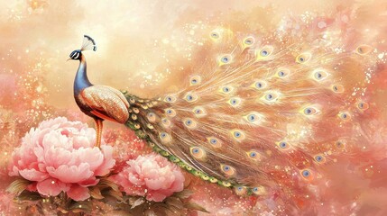 Wall Mural - Peacock with Spread Tail Feathers and Pink Flowers Painting