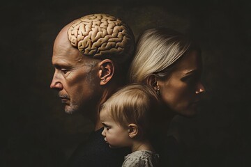 Canvas Print - Brainwave engagement and support family members with glowing brains symbolizing the shared mental and emotional bond between generations