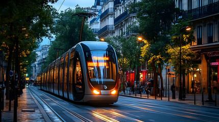 Wall Mural - A modern tram travels along a tree-lined street in a city during twilight.