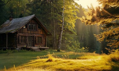 Wall Mural - rustic cabin in forest clearing at sunset with warm light filtering through trees