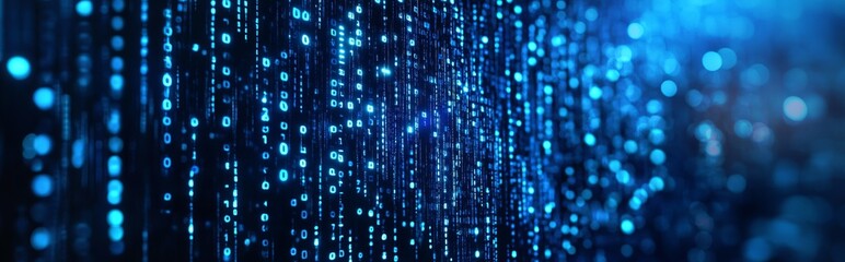 Blue digital binary data on computer screen banner