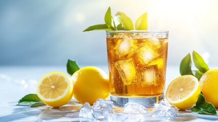 Wall Mural - Refreshing Iced Tea with Lemon and Ice Cubes