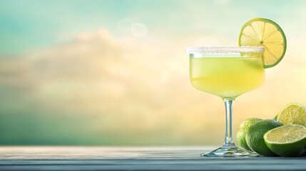 Wall Mural - Refreshing Summer Cocktail with Lime on Wooden Table