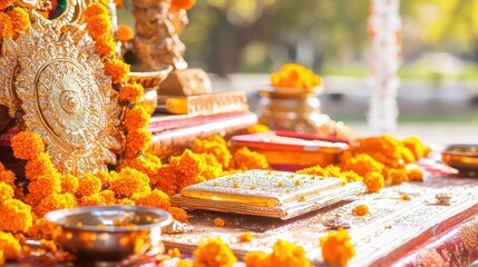 Sticker - Golden Religious Shrine Decorated with Marigold Flowers