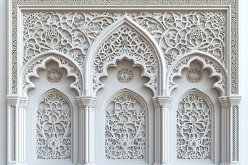 white teak wooden islamic ornament with large arch and small arches and elegant carvings and royal style 