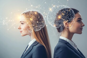 Wall Mural - Thought memory and attachment two professional women with glowing brains representing mental synchronization teamwork and cognitive collaboration