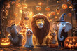 © Jiranun - cartoon image where a group of safari animals are gathered for a Halloween.