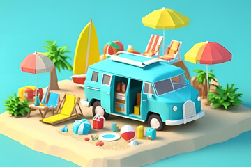 Summer vacation, travel holiday, van and beach accessories on blue background. 3d rendering