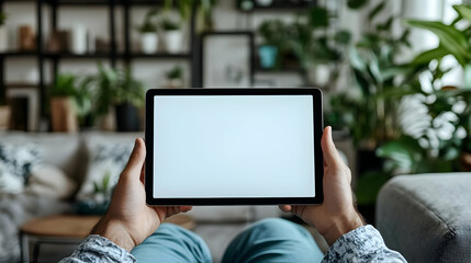 Poster - A person holding a tablet with a blank screen in a cozy, plant-filled living room.