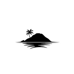 Minimalist island silhouette with palm tree, A simple black-and-white minimalist illustration of a small island with a lone palm tree, reflecting tranquility and tropical vibes.
