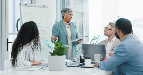 Aufkleber - Meeting, presentation and boss with business people in office for planning, discussion and project idea. Corporate, collaboration and manager with men and women for feedback, training and review