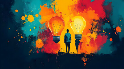 A person stands before two glowing light bulbs against a vibrant, colorful background.