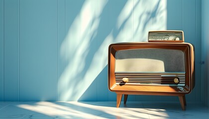 Wall Mural - Sunlit vintage radio against a light blue wall, capturing retro vibes and a nostalgic atmosphere