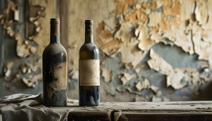 Wall Mural - Echoes of Time: An Aged Bottle on Distressed Wood Amidst Dusty Peeling Walls