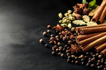 Various spices and herbs such as Star Anise, Cinnamon, Clove and Cardamom in black background, with generative ai