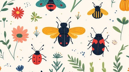 Canvas Print - Cute Insects and Flowers Pattern