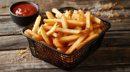 Poster - Golden crispy french fries served in a stylish basket. This delicious snack is perfect for sharing or enjoying alone. Ideal for restaurants or food presentations. AI