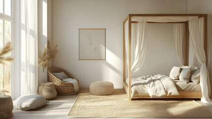 Wall Mural - A serene bedroom with a canopy bed, natural light, and minimalist decor.