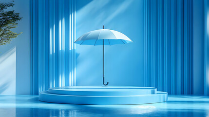 Canvas Print - A serene blue scene featuring an umbrella on a circular platform surrounded by blue tones.