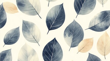 Wall Mural - Watercolor Blue and Beige Leaf Pattern Background