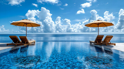 Wall Mural - A serene infinity pool with lounge chairs and umbrellas overlooking a tranquil ocean.