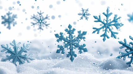 Wall Mural - Blue Glitter Snowflake Falling on Snow Winter Background