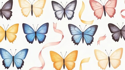 Poster - Watercolor Butterfly Pattern with Ribbons on White Background